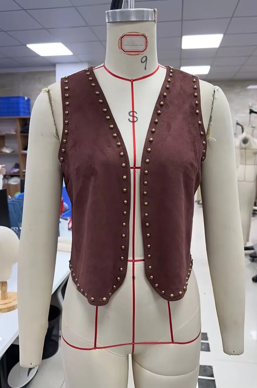 Women's Fall Winter Vest Casual Suede Texture Stylish Studded Sleeveless Jacket Open Front Waistcoat