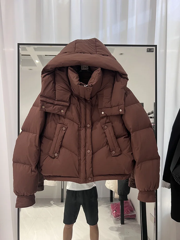 2025 Winter New Fashion Down Jacket Women's Fashion Hoodie Casual Versatile Solid Color Short White Duck Down Coat