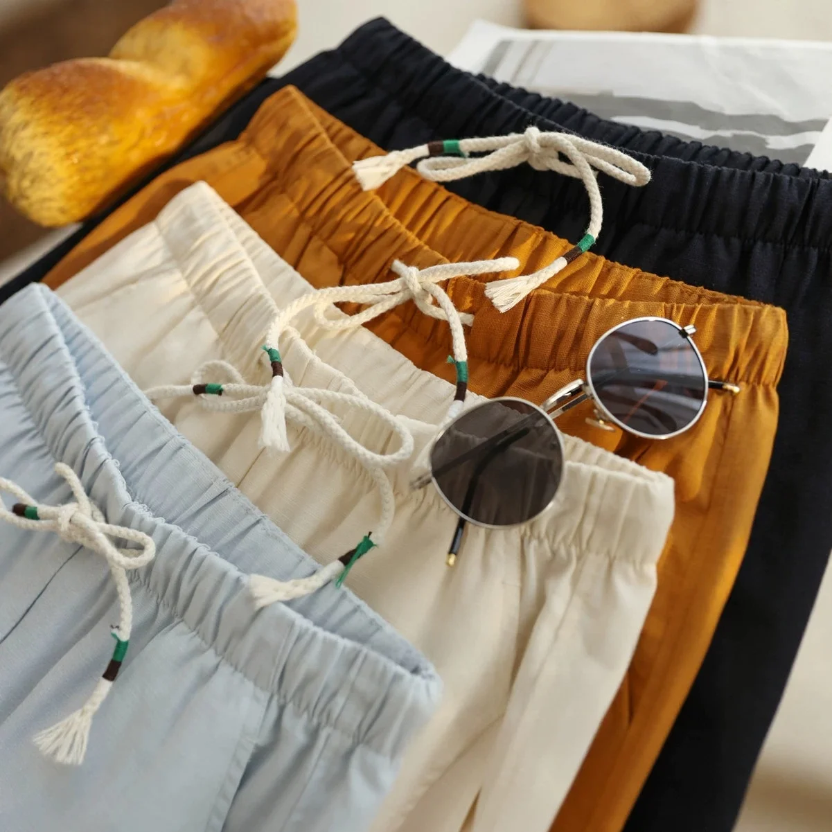 Natural Breathable Casual Pants Women's Loose Straight Leg Trousers Elastic Drawstring Wide Leg Pants Comfortable Korean Style