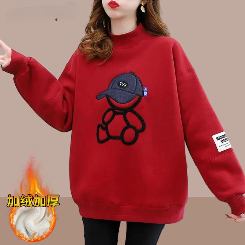 

Winter Korean Style Kawaii Cartoon Print Applique Harajuku Fleece Thicken Warm Female Sweatshirt Casual Loose Pullover Top Women