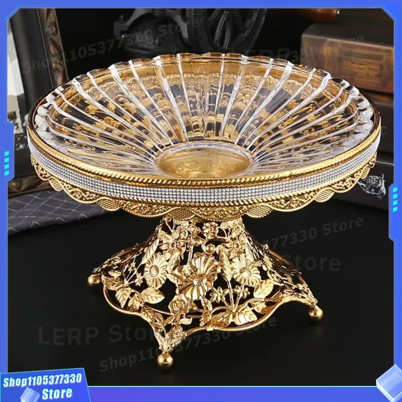 Luxury Golden Metal Glass Fruit Plate for Dining Table Decoration Wedding Candy Snack Dish Home Ornament High Quality Elegant