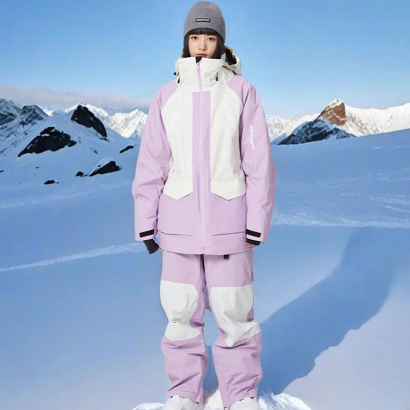 Baju Ski musim dingin hangat 2025 baju olahraga Ski dewasa baju Snowboard pasangan dengan celana Hoodie salju tahan air tahan angin katun Pro