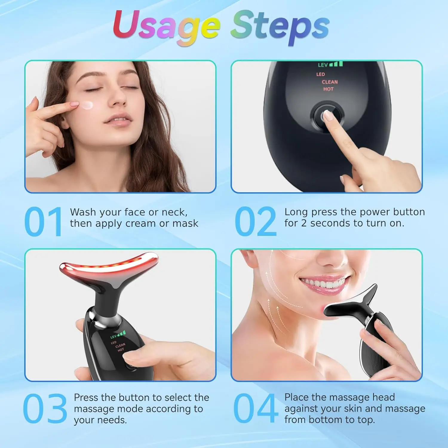 Rechargeable LED 7 Colors Anti Wrinkle Facial Massager Neck Facial Beauty Device Lifting Tighten Skin Care Tool 7 Modes 3 Levels