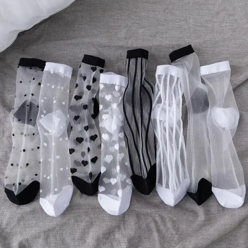 

Sexy Lace Women Socks Summer Ultra-thin Transparent Mesh Fishnet Short Socks Harajuku Casual Breathable Black White Crew Socks