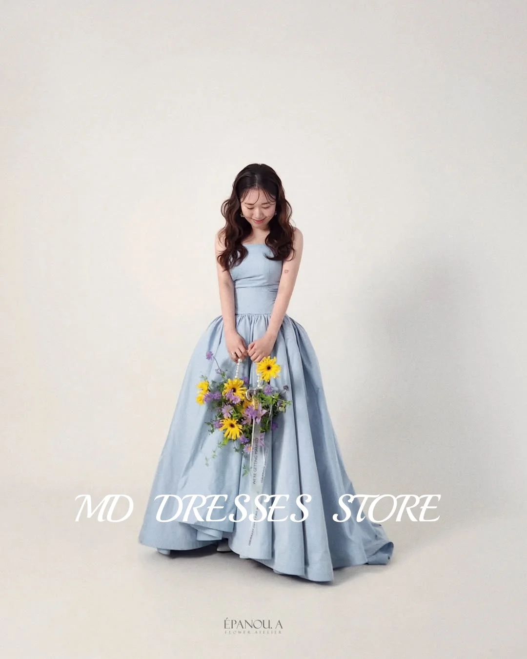 MD 2025 Blue A-line Wedding Dresses 웨딩드레스 Strapless Pleat Satin Korea Photo Shoot Sleeveless Floor-Length Bride Gowns Customised