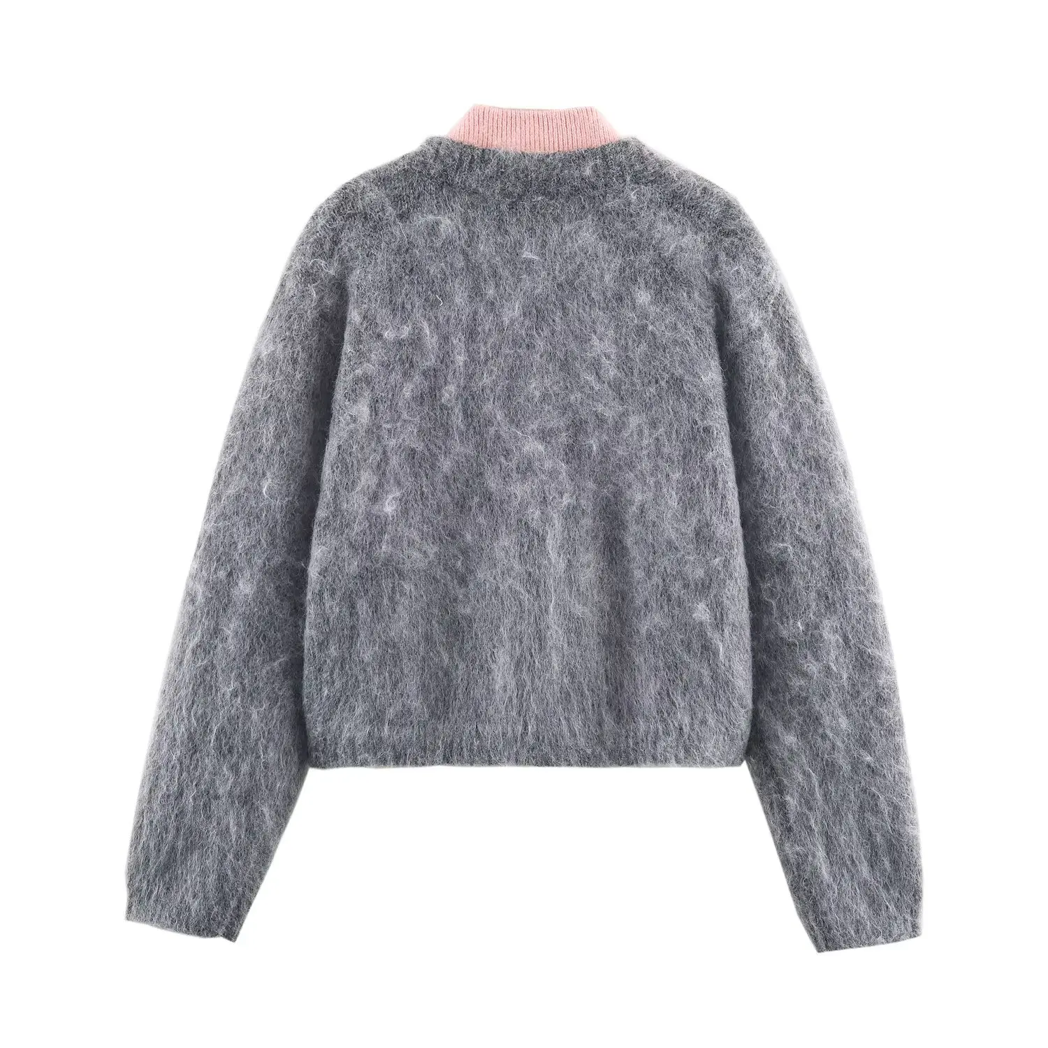 KONDALA Chic Patchwork Pink Grey Women Winter Casual Knitted Outwear Vintage Fashion 2025 Female Elegant Modern Zipper Sweater