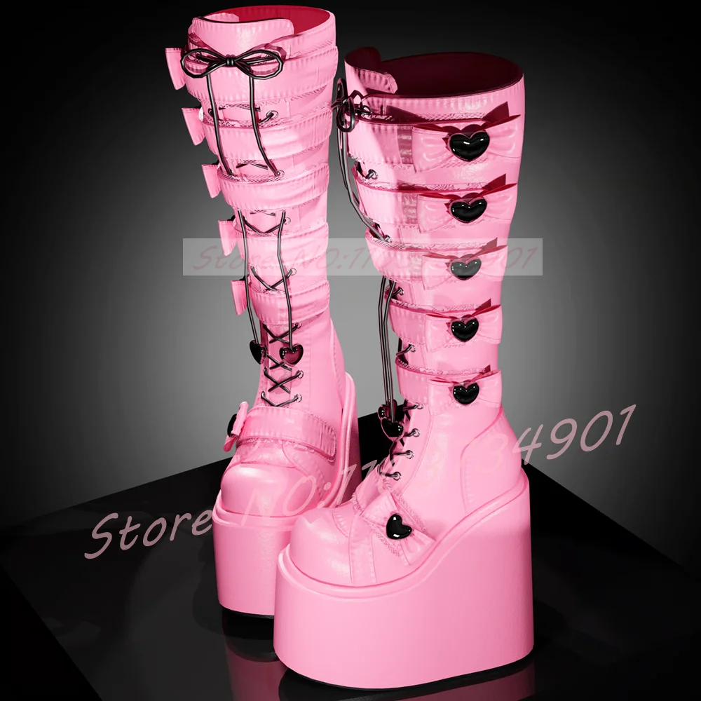 Heart Rosette Lace-Up Wedge Platform Boots Women Gothic Lolita Pink Round Toe Knee High Boots PU Leather Multi-Strap Punk Shoes