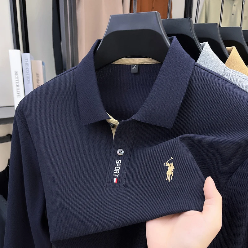 100 القطن قميص بولو الربيع والخريف طويلة الأكمام تي شيرت رجالي مطرزة الأعمال الجديدة والترفيه بلون فضفاض تي شيرت