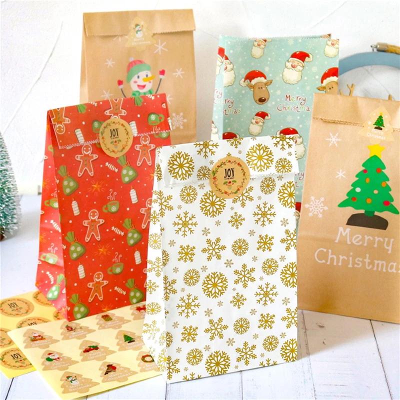 12Sets Christmas Kraft Gift Bags Santa Claus Snowman Xmas Tree Paper Bag with Stickers Party Favor Wrapping Supplies Envelopes