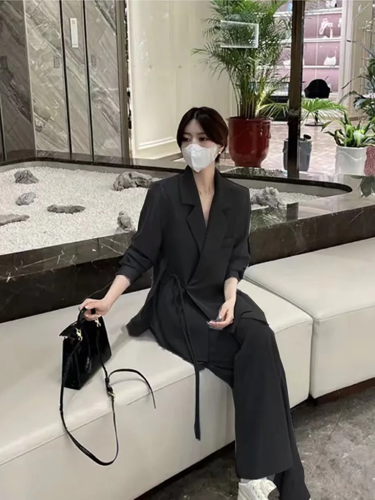 Blazer à lacets en dentelle creuse pour femme, pantalon large, ensemble 2 pièces élégant, tenues décontractées de bureau, printemps