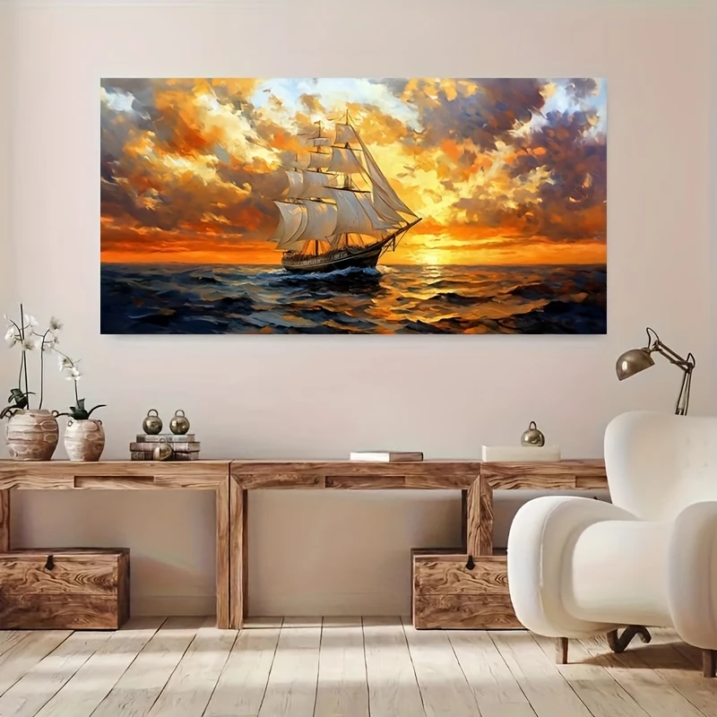 Sunset Sailboats on The Sea Posters and Print Beautiful Sea Scenery  Canvas Painting Wall Art Picture for Living Room Home Decor