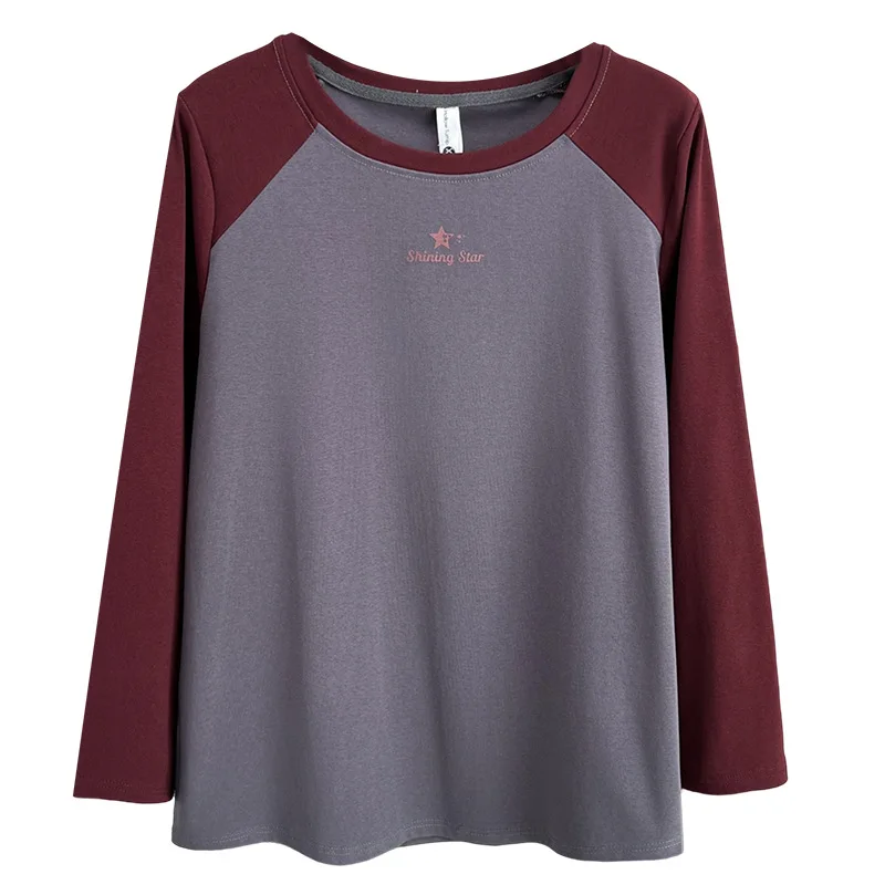 

Модная женская футболка больших размеров, осенний новый стиль, базовые повседневные топы с длинными рукавами и цветными блоками, 2555