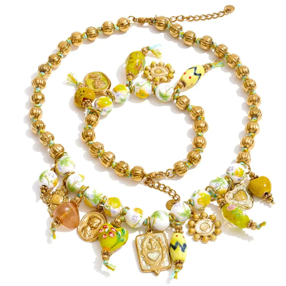 Women's Handmade Beads Chain Ceramic Heart Eye Drop Necklace Bracelet Set