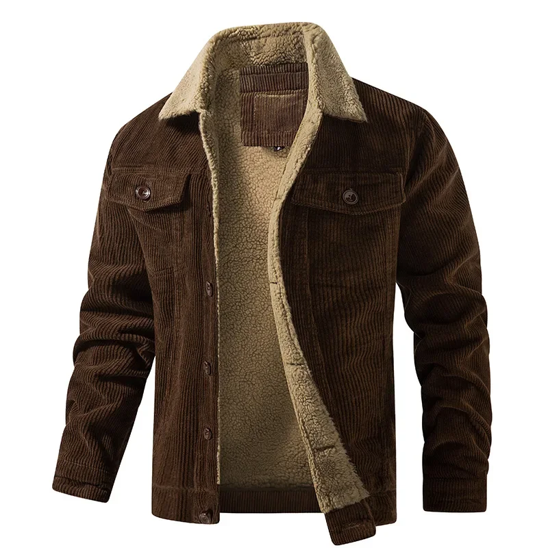 Winter Stylish Wool Casual Turn-down Collar Outerwear Corduroy Jackets Mens Long Sleeve Buttoned Lapel Wool Liner Jacket for Men
