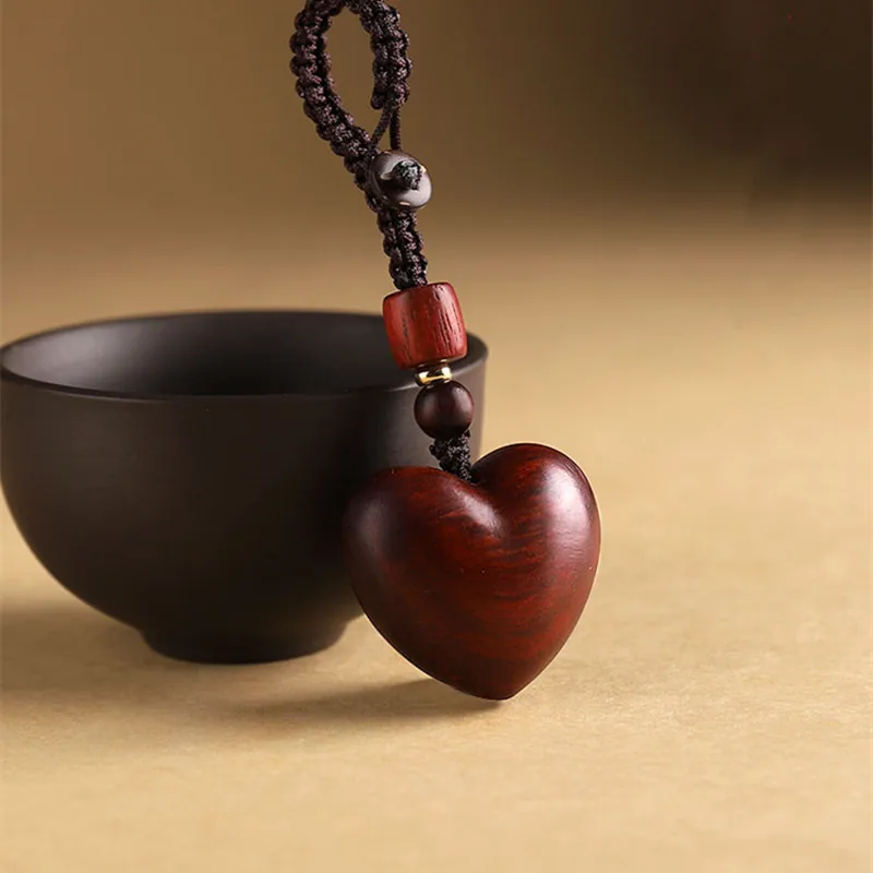 Creative Simple Rosewood Red Love Woman Mobile Phone Chain Hand-woven Solid Wood Car Key Chain Couple Gifts Wholesale