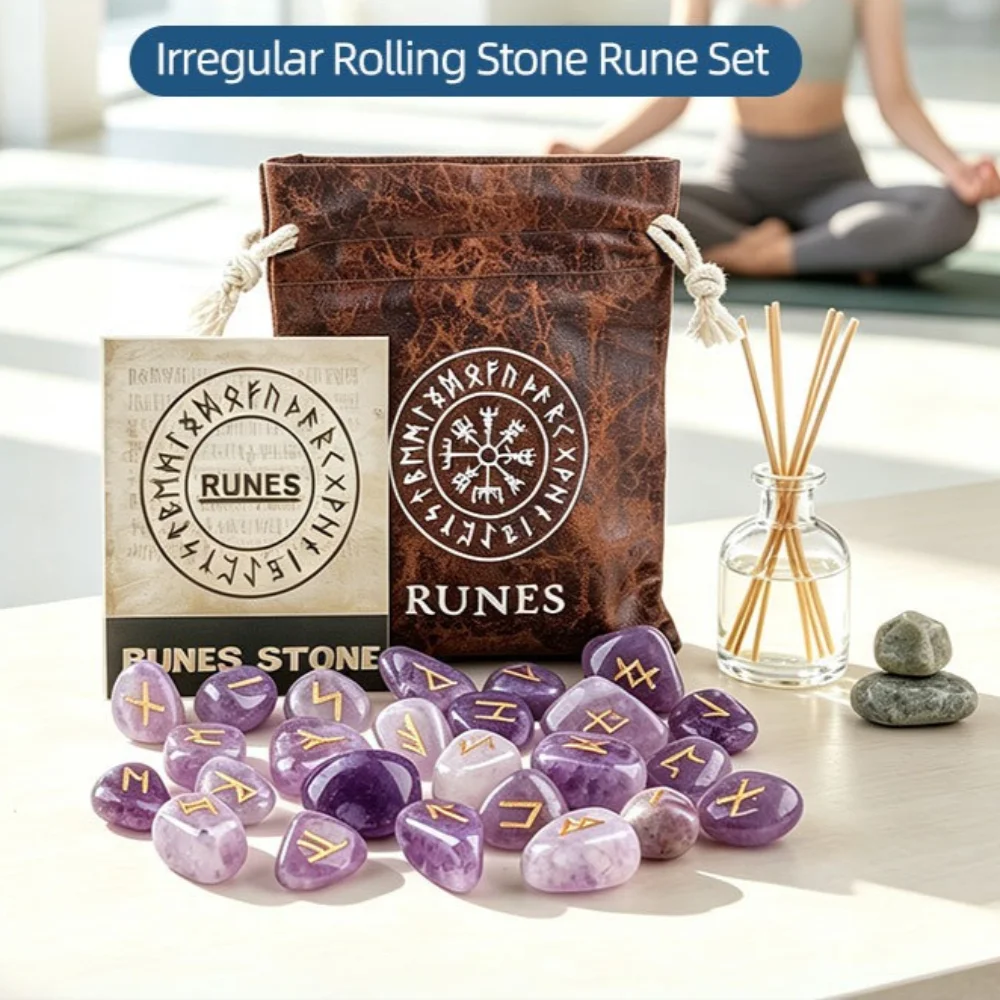 25pcs/set Natural Crystal Rune Set Irregular Rolling Stone Rune Elder Futhark Viking Runes Meditation Crystal Gift