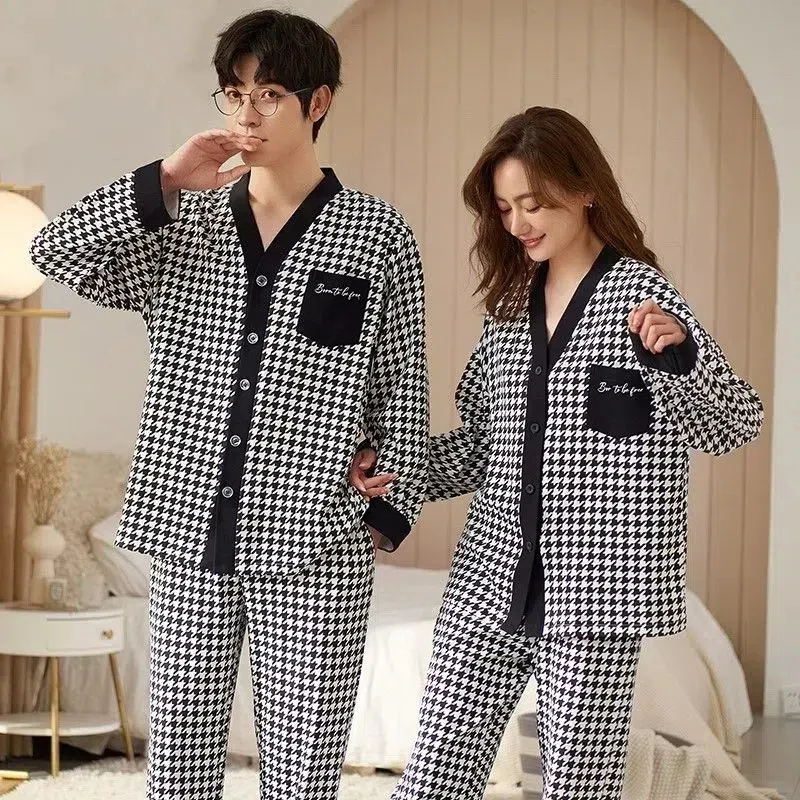 Couple Fashion V-neck Sleepwear Women\'s Soft Comefortable Pajamas Women Casual Solid Home Suit Man Sets Warm Nightwear Pyjamas