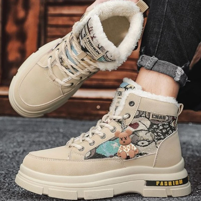 Winter Lace Up Platform Sneaker Warm with Fur High Cut Boots for Men Casual Comfortable New Original Deals Non Slip Man Shoes