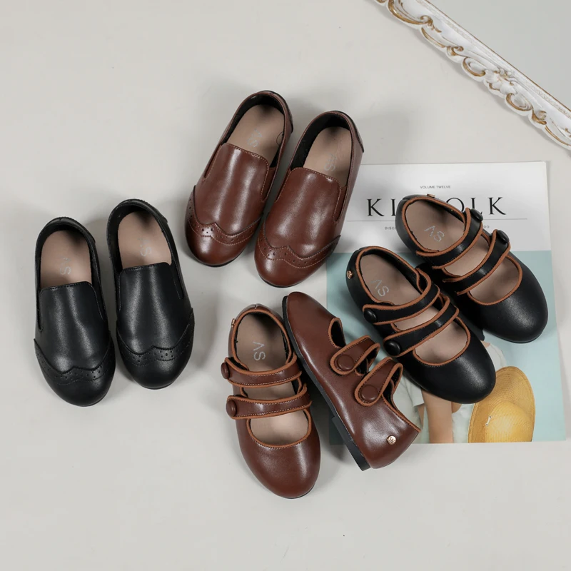 AS New Kids Shoes Children Leather Shoes Baby Girls Shoes Toddler Fashion Brown Flats Boys Moccasin Slip On Loafers Mary Jane