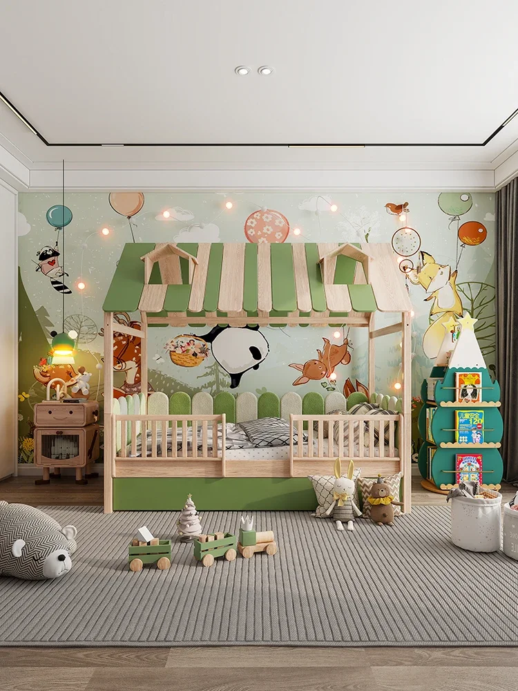 Roof tree house chimney bed children's bed girl trailer wooden house  with guardrail boy solid wood guardrail princess bed