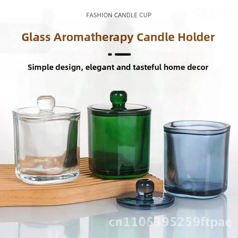 Transparent Straight Candle Cup with Lid Colored Glass Home Decor Aromatherapy Shading Simple Candle Holder for Blue Green