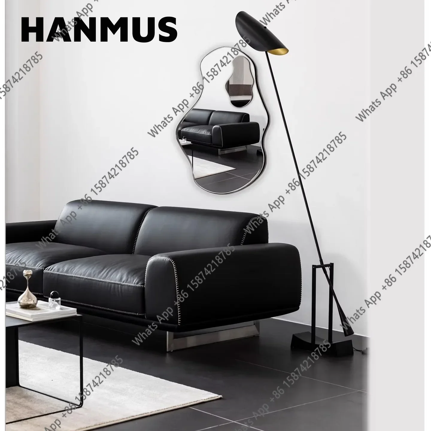 N40 Italian Minimalist Light Luxury Black Leather Bauhaus Curve Sewing Three-person Small Apartment Living Room Sofa