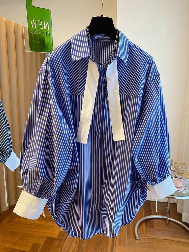 Design Sense Niche Blue Striped Shirt Women Casual Oversized Shirts Korean Style Fashion Button Up Long Sleeve Tops Loose Shirt