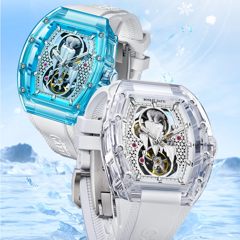 

BONEST GATTI Automatic Movement Mechanical Watch Luminous Polar Bear Dial White Watch Strap Watches For Men