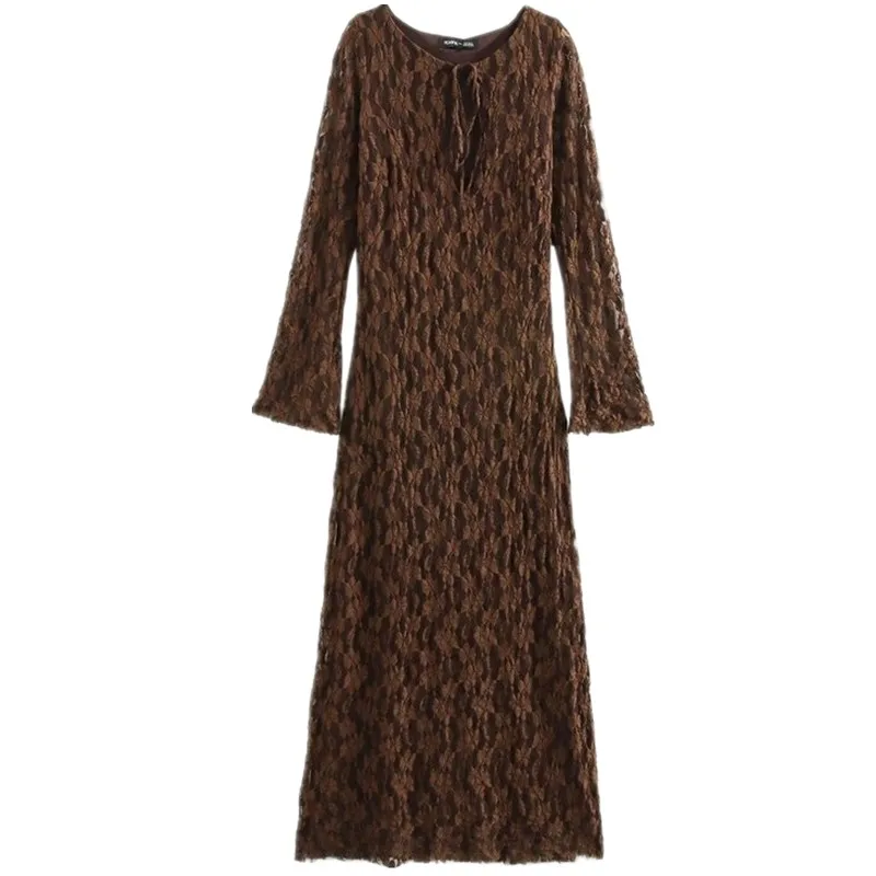 فستان أنيق بأكمام طويلة وياقة مستديرة من الدانتيل، تصميم جديد لخريف وشتاء 2024، أزياء نسائية عصرية بقصة ضيقة #5