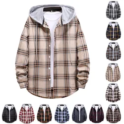 Men Casual Plaid Shirt Hooded Shirts Oversized Casual Shirt Men's Clothes European American Style Handsome Holiday Checked Shirt