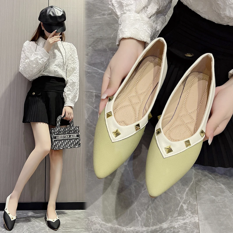 Spring Rivet Women Shoes Summer Ballet Flats Pointed Toe Pumps Shoes Boat Shoes Simple Bright Leather Slip on Shallow Wome Shoes