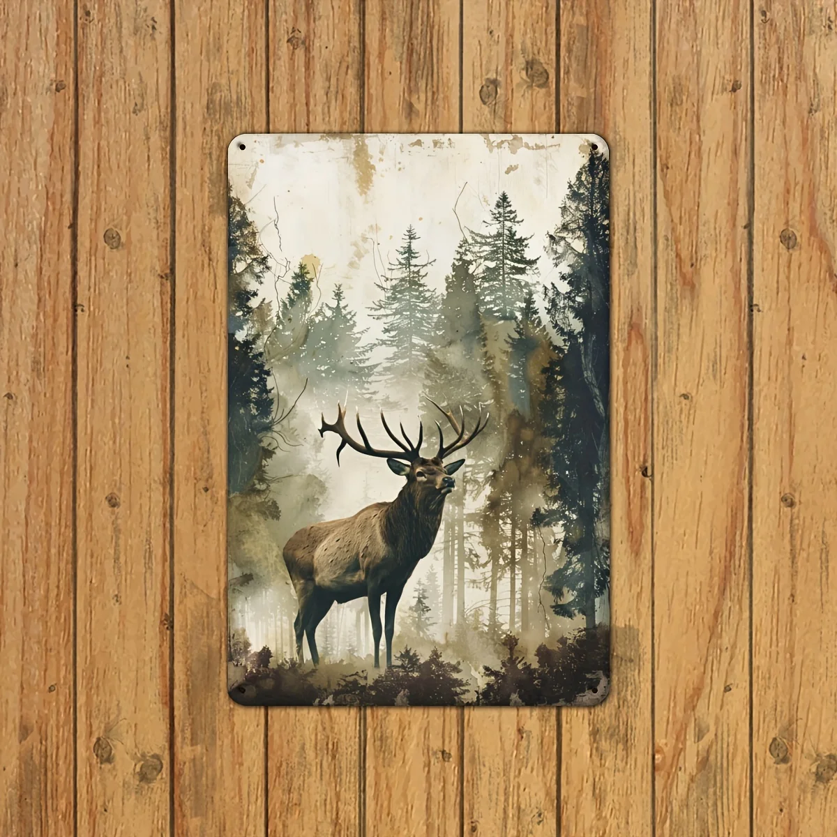 Vintage Misty Forest Elk Iron Metal Tin Sign, , Animal Wall Art for Home, Gym, Bar, Cafe, Restaurant, Garden, Indoor and Out