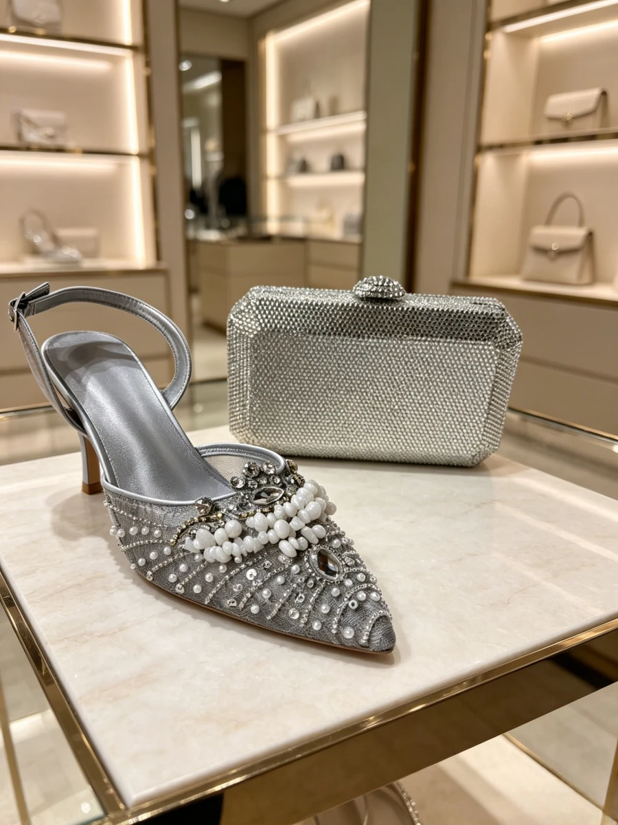 Conjunto de Zapatos de Tacón Alto con Tira Trasera y Perlas en Gris Plateado, Bolso de Mano Rectangular con Pedrería, para Mujer, para Fiestas, Eventos, Bodas