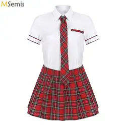 3Pcs Womens Schoolgirl Cosplay Costume Halloween Party Outfit School Uniform Short Sleeve Shirt with Plaid Skirt And Tie Set