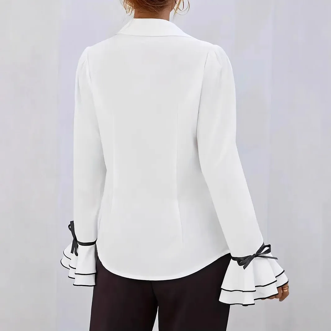 แฟชั่น Ruffled Splicing เสื้อผู้หญิงเสื้อแขนยาว Office Lady สีดําเปิดลงปกเสื้อลําลอง Blusas