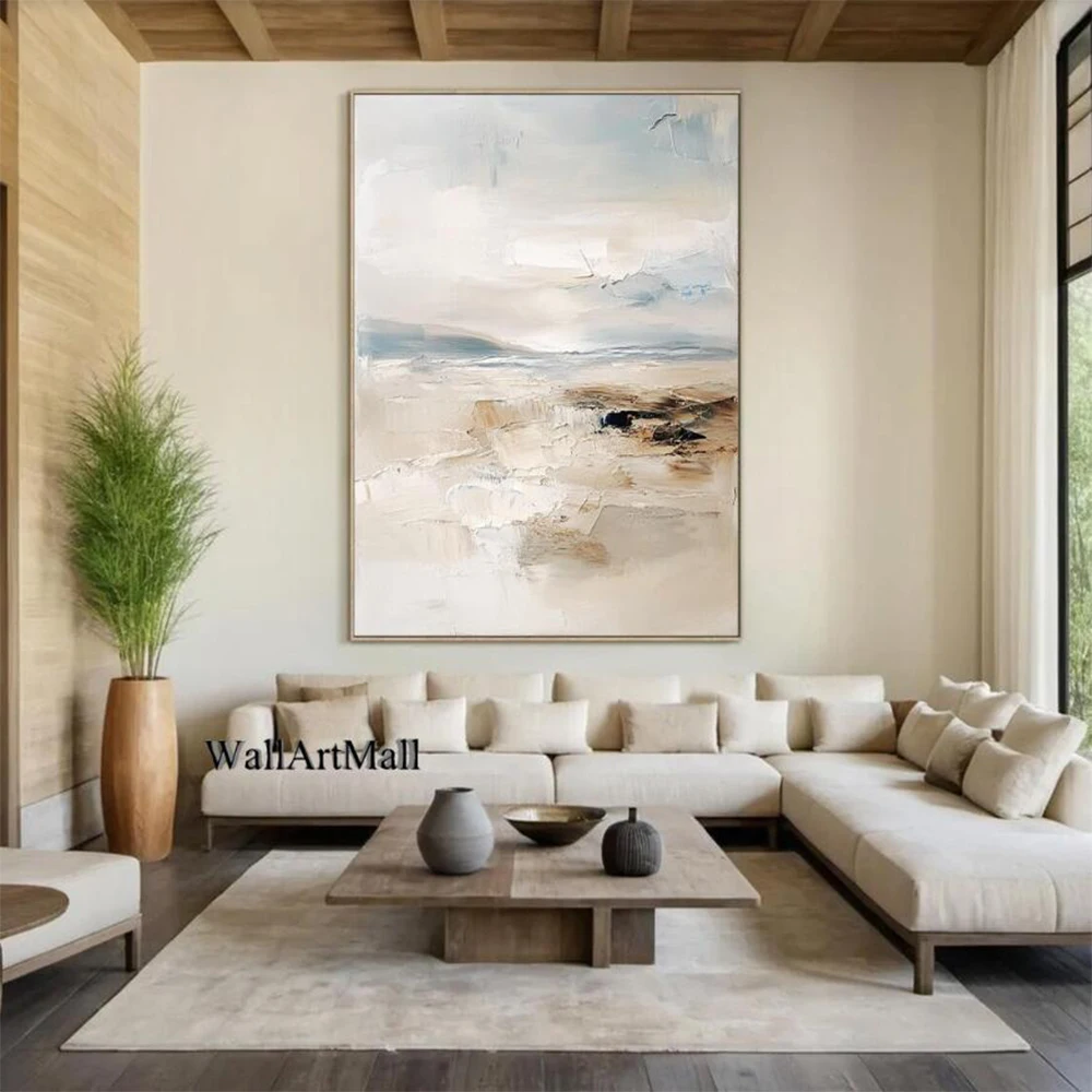 

Blue White Abstract Wall Art Original Beach Texture Painting Beige Modern Seascape Living Room Decor