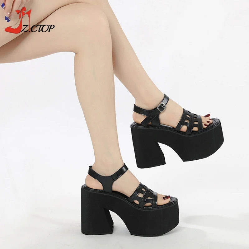 Platform Women Sandals Block Heel 2024 Summer New Black Chunky High Heels Sandals Buckle Casual Woman Shoes Plus Size 42 43