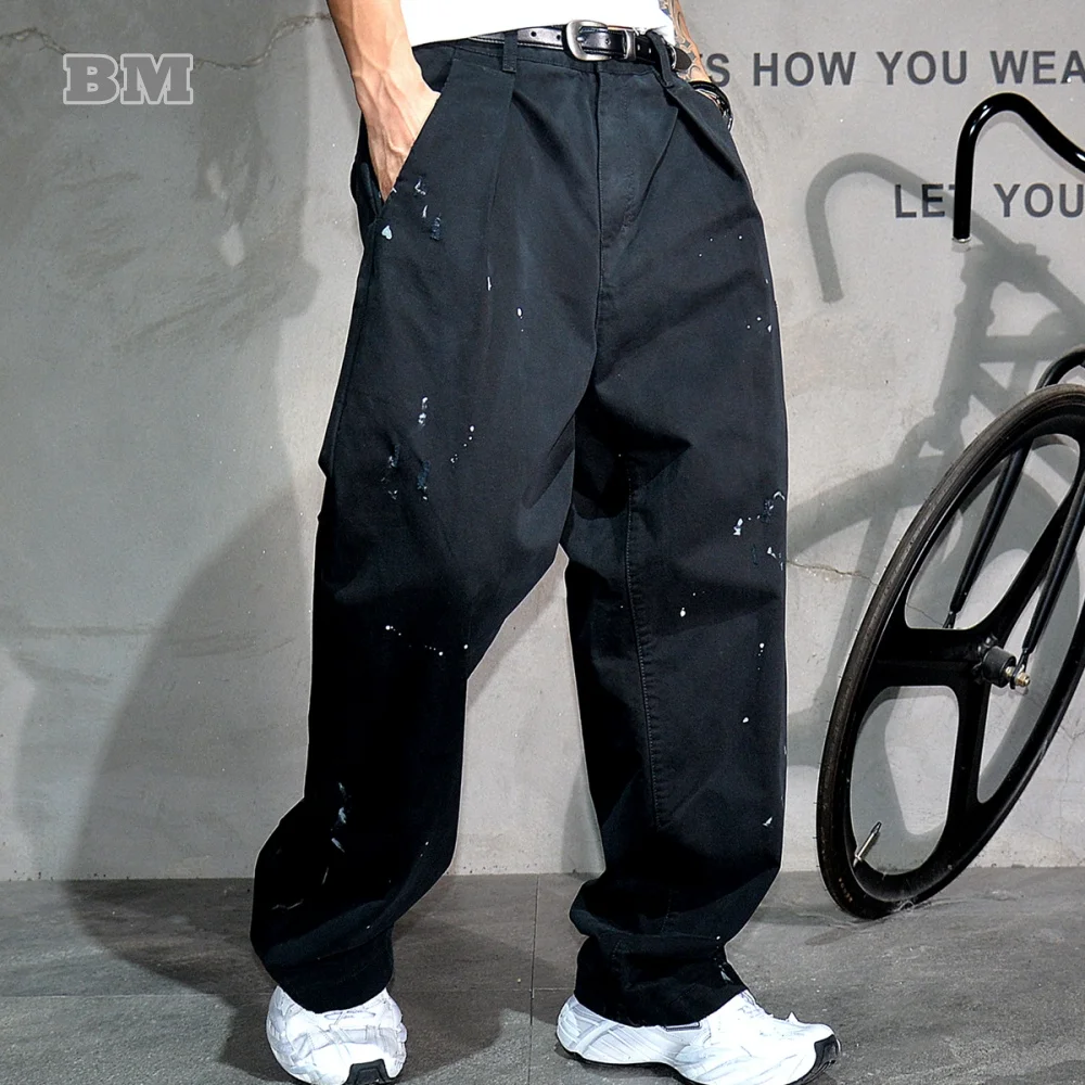 ‌Japanese Premium Vintage Distressed Paint Splash Cargo Pants Men Streetwear Loose Casual Straight Leg Haram Trousers Trendy