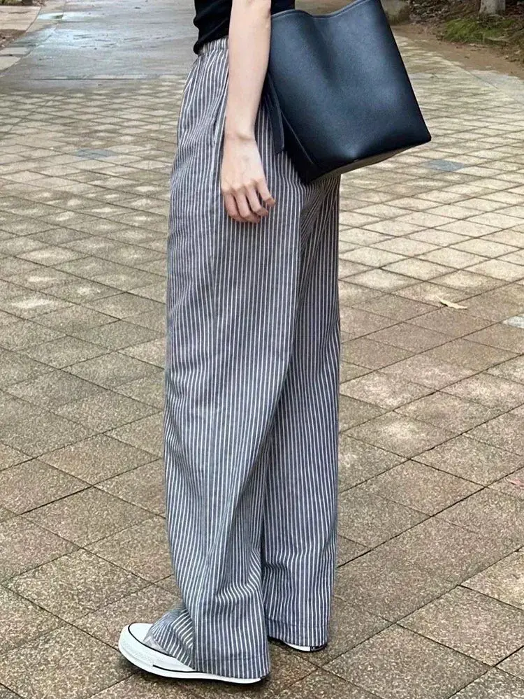 

Лето 202, женские модные полосатые льняные широкие брюки, свободные драпированные длинные повседневные брюки прямого кроя с высокой талией