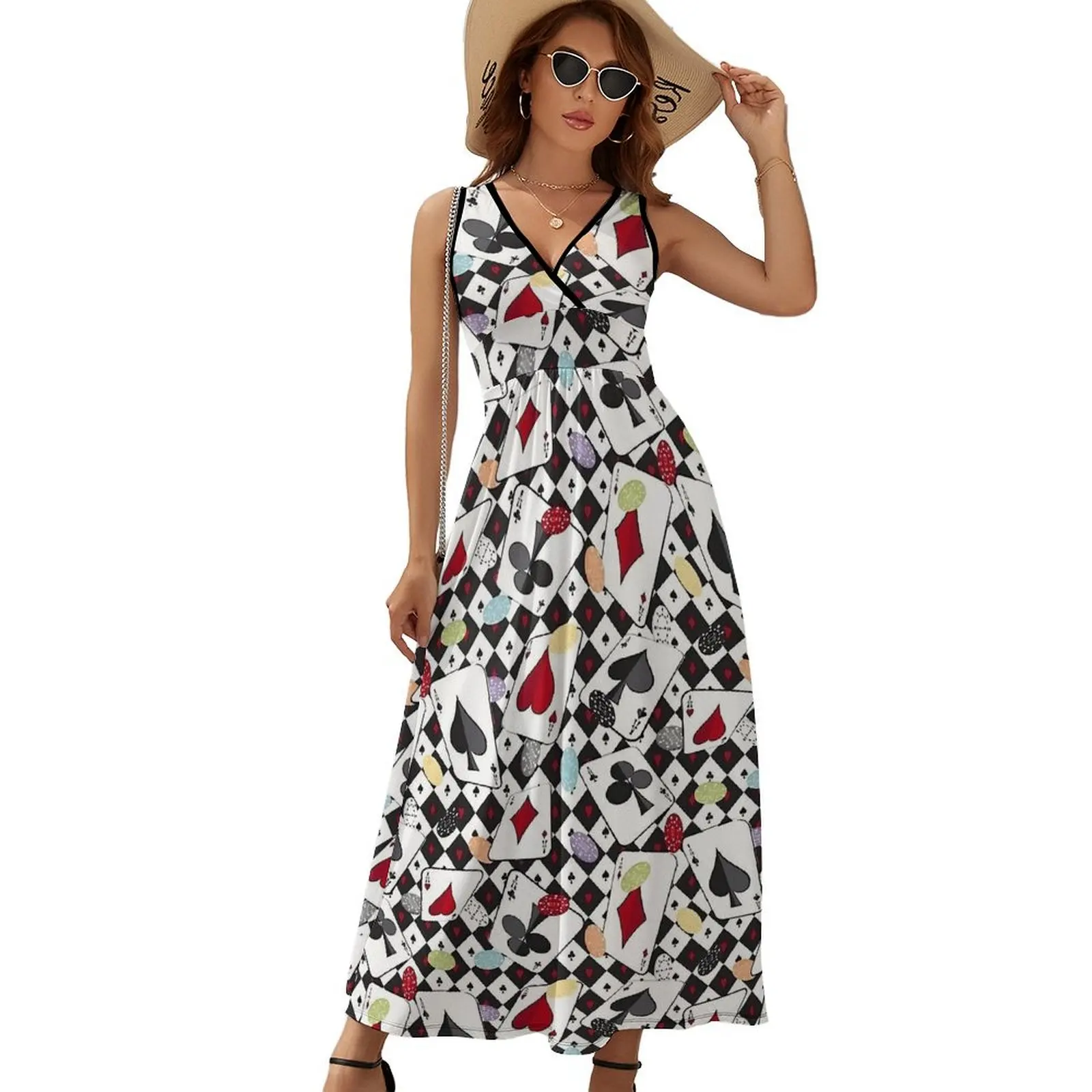 Casino Playing Card Print Dress Women  Vintage Maxi Dress V Neck High Waist Casual Custom Bohemia Long Dresses