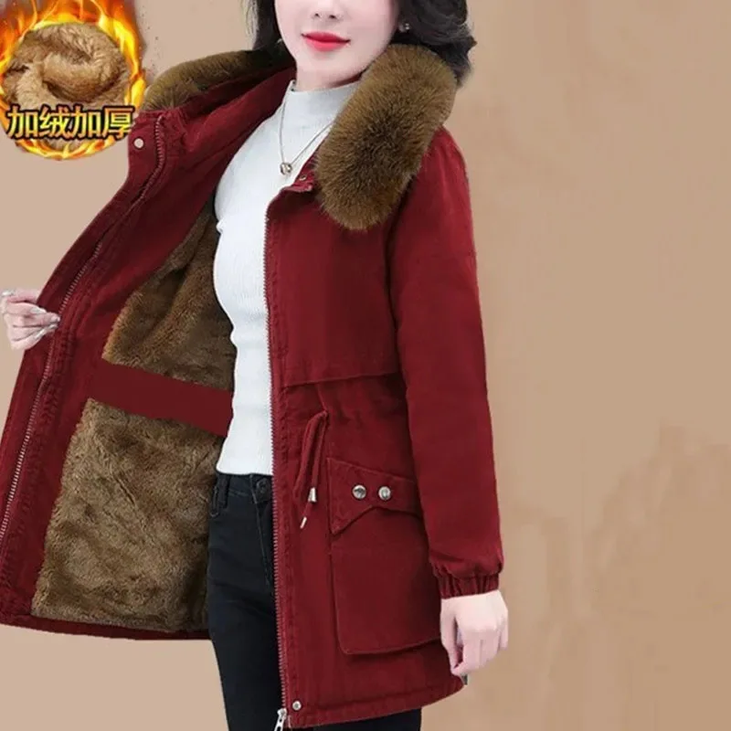 Female Detachable Fur Collar Cotton Padded Coat 2024 Ladies Large Size 5XL Parkas Outwear Women Medium Long Styles Puffer Jacket