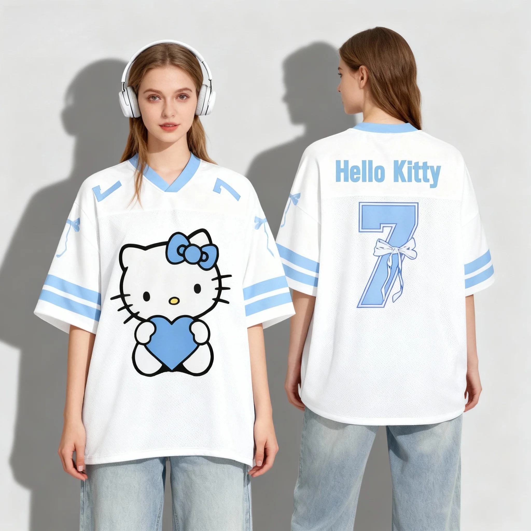 25/26 New Sanrio Hello Kitty No.7 Ball Dress Sweet Cool Summer T-shirt Oversized Women's and Men's Adult Casual Sports T-shirt