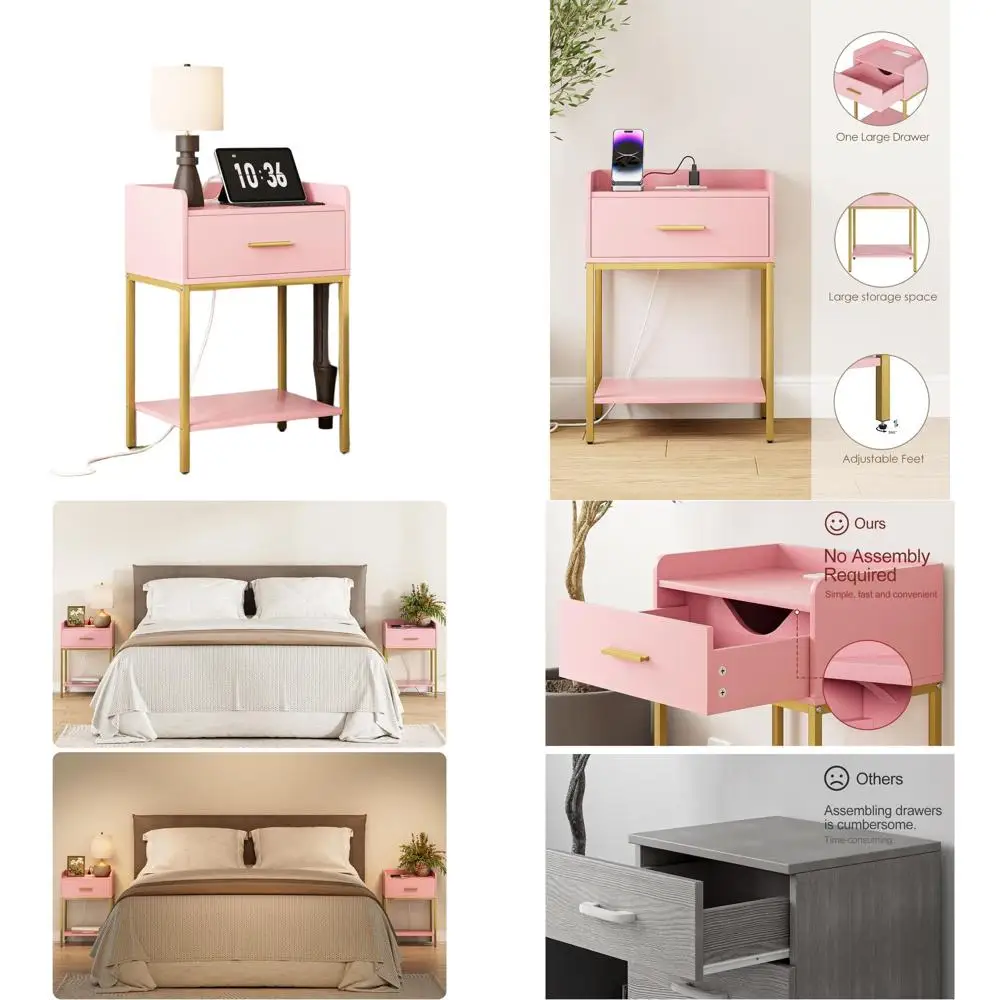 

Современная прикроватная тумбочка розово-золотого цвета с зарядкой, ящиком и открытой полкой для спальни и гостиной