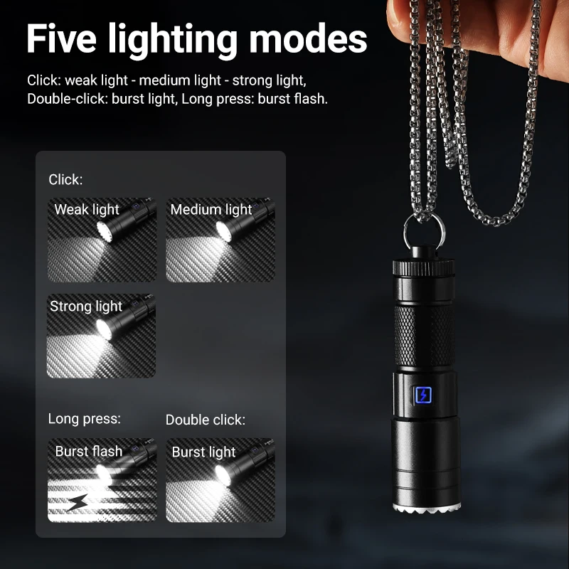 Super Mini LED Hanging Neck Flashlight Rechargeable Torch Outdoor Light Portable Light with Telescopic Zoom Magnet Back Clip