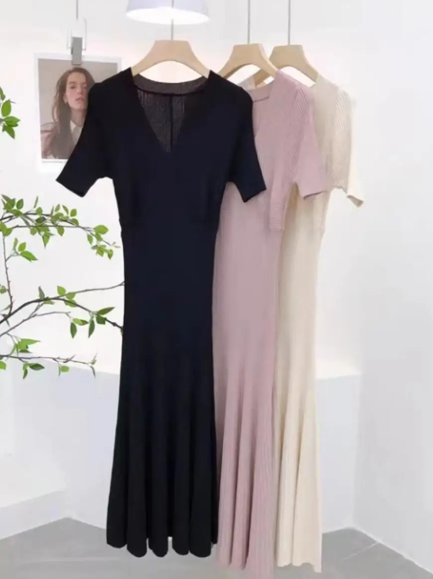 Vestido de punto de maternidad de estilo coreano, Color sólido, manga corta, cuello en V, cintura alta, vestidos elásticos para mujer embarazada,