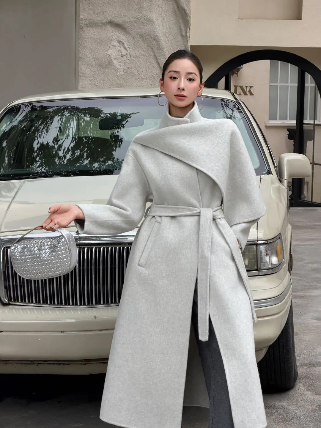 Scarf Collar Belted Double Face Wool Coat Women Long Elegant Relaxed Fit Fine Wool Outerwear Chic Korean Style For Daily Wear