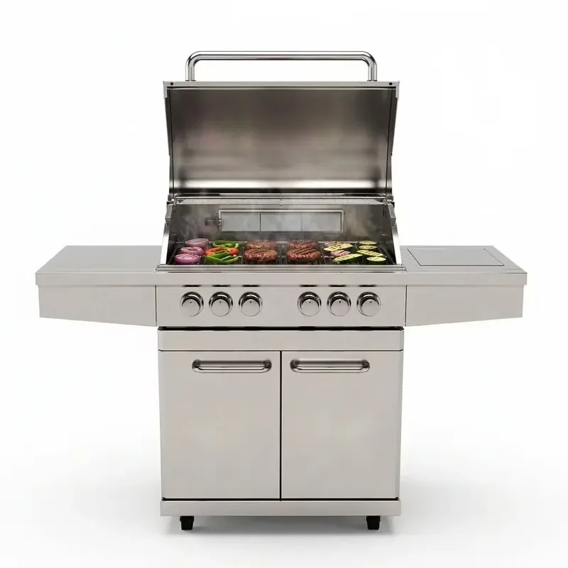 Stainless Steel BBQ Grill 6 Burner Freestanding Outdoor Cabinet Rotisserie Propane Backyard Patio Large Professional