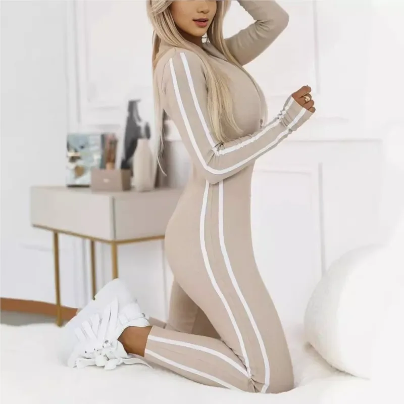 

Fashion Women Bodycon Jumpsuits V-neck Long Sleeve Stripe Patchwork 2024 Autumn Winter Solid Sport Zipper Slim Jumpsuits Female