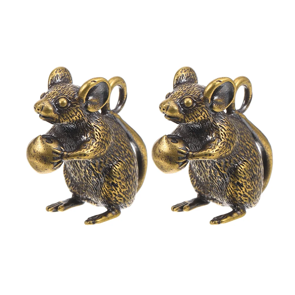 2 pçs encantos de mouse de bronze pingente de rato para chaveiro decoração de mouse de bronze ornamento de mesa mouse do zodíaco chinês pendurado ornamento rato sc