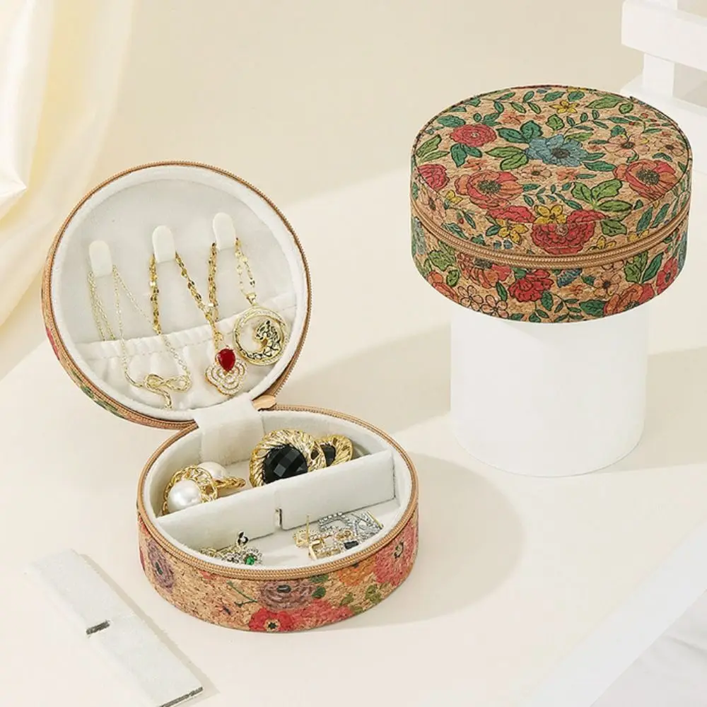 Tragbare Vintage-Schmuck-Aufbewahrungsbox mit Reißverschluss, Böhmen-Halsketten- und Ringetui, tragbarer runder Ohrring-Organizer für Damen